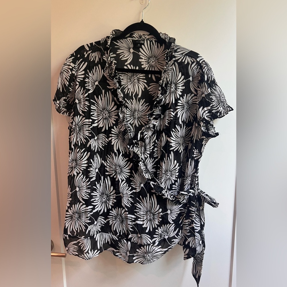 East 5th Floral Black and White Wrap Sheer Top